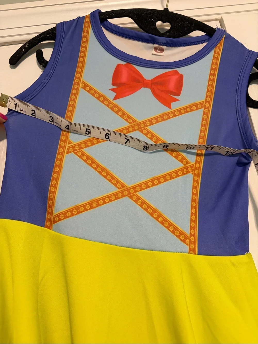 Girls' Blue and Yellow Princess Costume Dress with Red Bow approx size 7-8